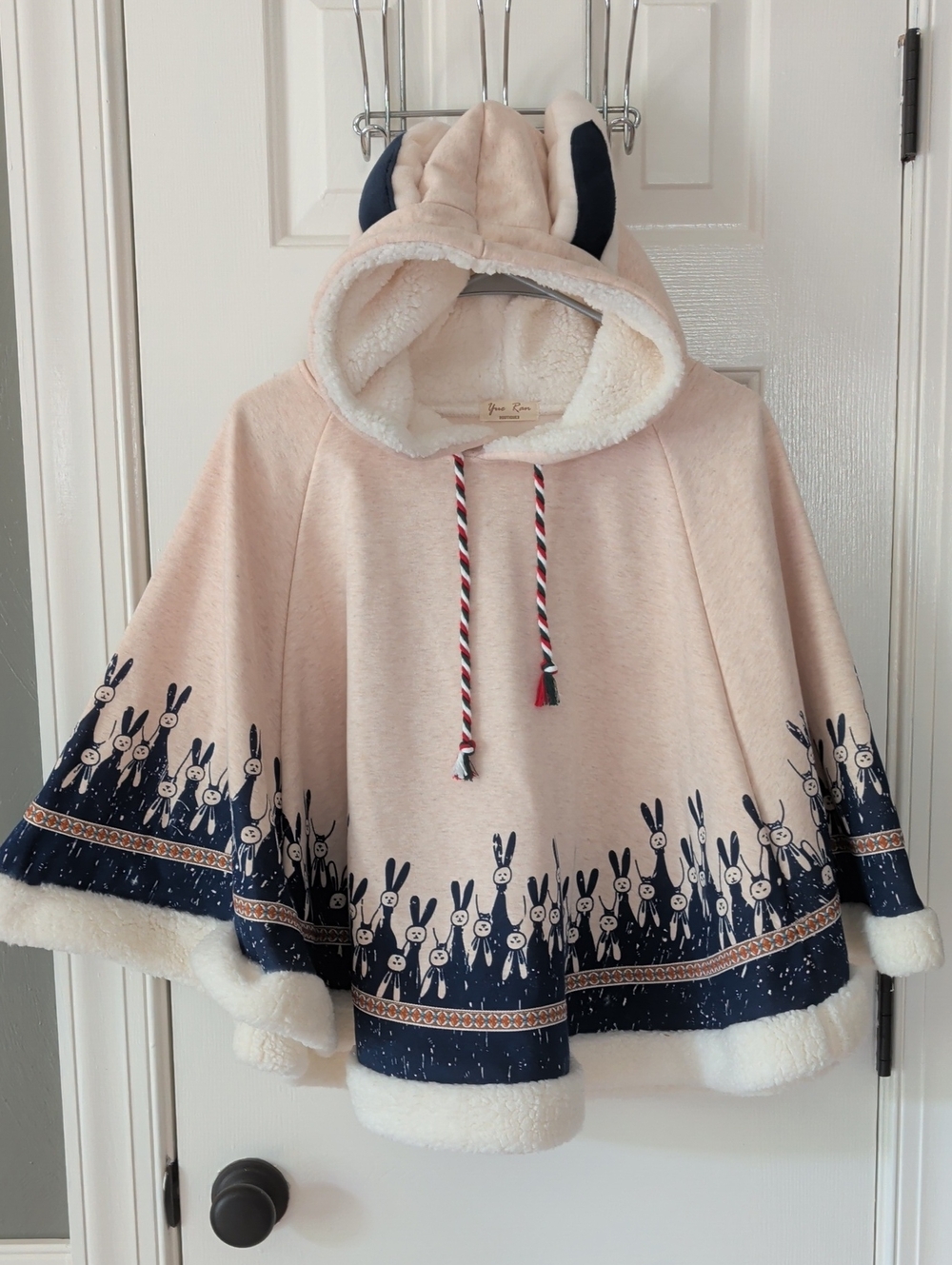 Cozy Bunny Hooded Cape in Beige and Navy